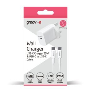 GROOV-E WALL CHARGER USB-C 25W WITH USB-C TO USB-C CABLE WHITE
