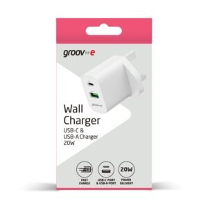 GROOV-E WALL CHARGER WITH POWER DELIVERY USB-C & USB-A 25W WHITE